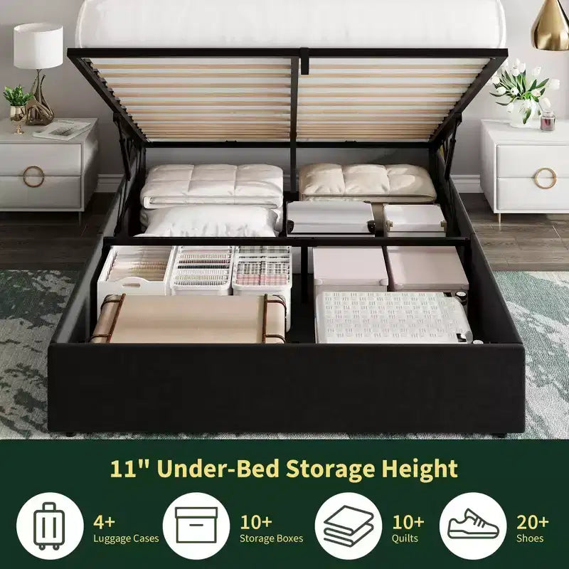 Cadre de lit de rangement relevable pleine grandeur, Cadre de lit plateforme moderne en velours rembourré avec tête de lit à oreilles, Pas besoin de sommier tapissier
