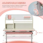 Bureau d'étude pour enfants en bois, réglable en hauteur, avec plateau inclinable, tiroir, étagère de rangement, porte-stylo, rose