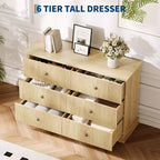 Commode à 6 tiroirs pour chambre à coucher, commode horizontale, commode en bois à panneaux cannelés, commode de chambre à coucher peu encombrante pour le rangement des vêtements, naturelle