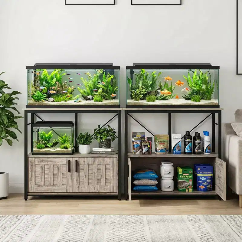 Meuble de support d'aquarium 150-190 litres, double niveau en métal et bois, capacité 300 kg, pieds réglables - Gris