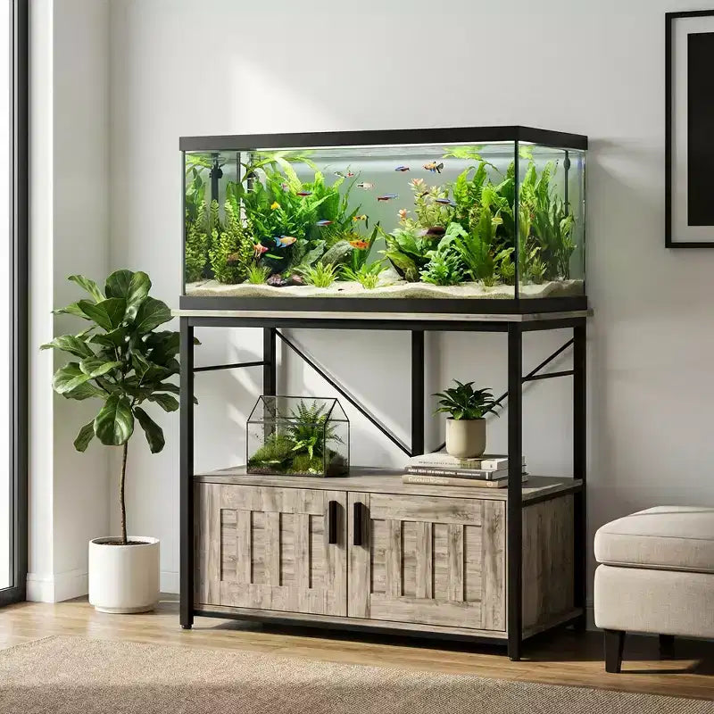 Meuble de support d'aquarium 150-190 litres, double niveau en métal et bois, capacité 300 kg, pieds réglables - Gris