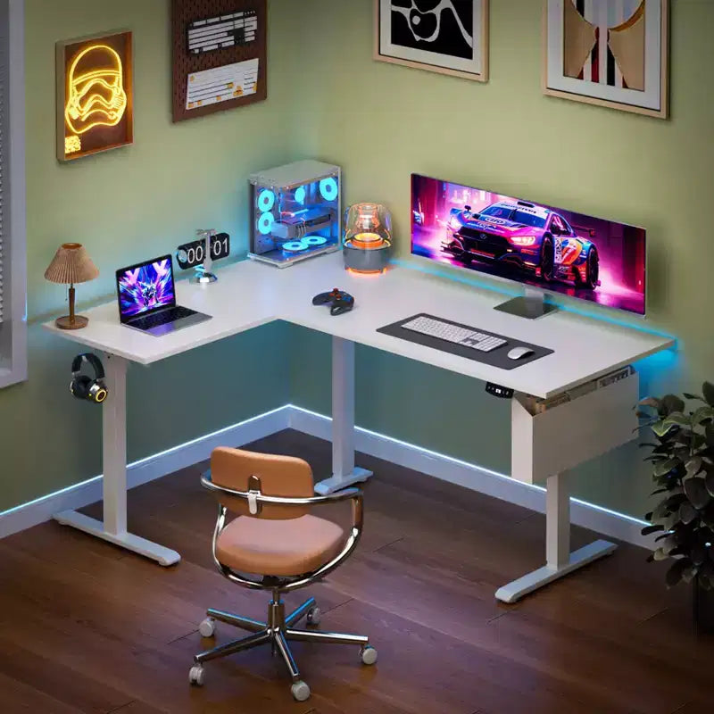 White 63 Inch L Shaped Electric Standing Desk Adjustable Height Sit to Stand Corner Computer Table Reversible Memory Presets Home Office Workstation