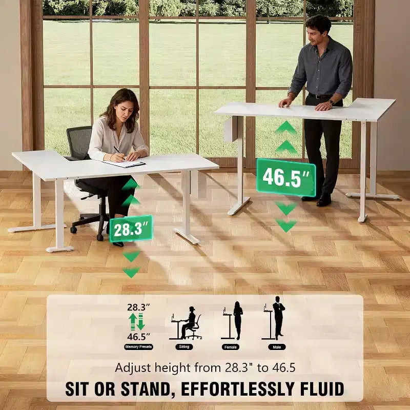 Bureau électrique debout en forme de L de 63 pouces, réglable en hauteur, de la position assise à la position debout, table d'ordinateur de coin réversible avec préréglages de mémoire, poste de travail pour bureau à domicile