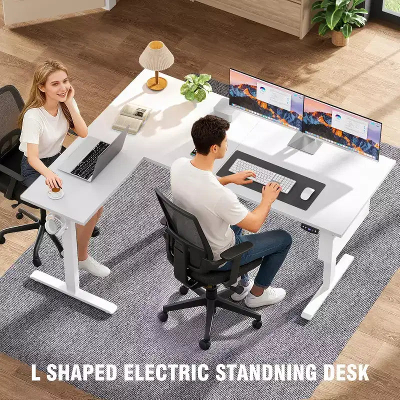 Bureau électrique debout en forme de L de 63 pouces, réglable en hauteur, de la position assise à la position debout, table d'ordinateur de coin réversible avec préréglages de mémoire, poste de travail pour bureau à domicile
