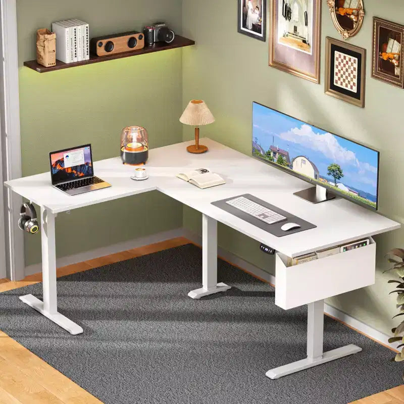 Bureau électrique debout en forme de L de 63 pouces, réglable en hauteur, de la position assise à la position debout, table d'ordinateur de coin réversible avec préréglages de mémoire, poste de travail pour bureau à domicile