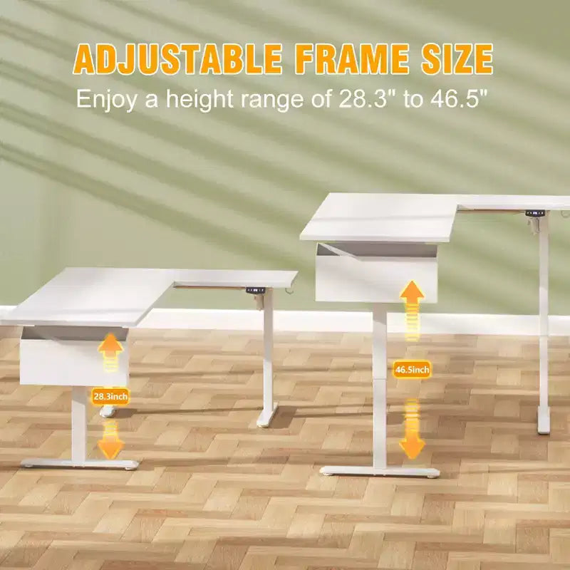 Bureau électrique debout en forme de L de 63 pouces, réglable en hauteur, de la position assise à la position debout, table d'ordinateur de coin réversible avec préréglages de mémoire, poste de travail pour bureau à domicile