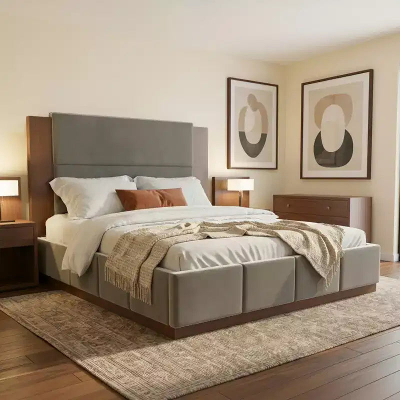 Polibi Upholstered Platform Bed with Extended Wood Headboard
