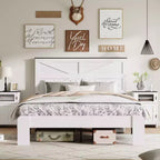 Full/Queen/King Size Platform Bed with Headboard, Farmhouse Wood Platform Bed Frame with Large Under Bed Storage