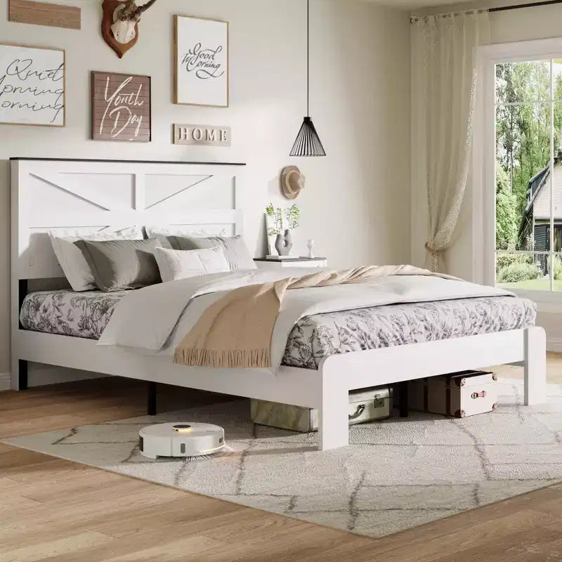 Lit plateforme double/grand lit/très grand lit avec tête de lit, cadre de lit plateforme en bois style ferme avec grand rangement sous le lit
