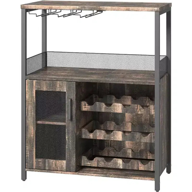 Meuble de Bar à Café et à Vins avec Porte-Bouteilles Amovible, Support à Verres, Tiroir et Porte en Maille, Buffet de Rangement pour Salle à Manger, Cuisine
