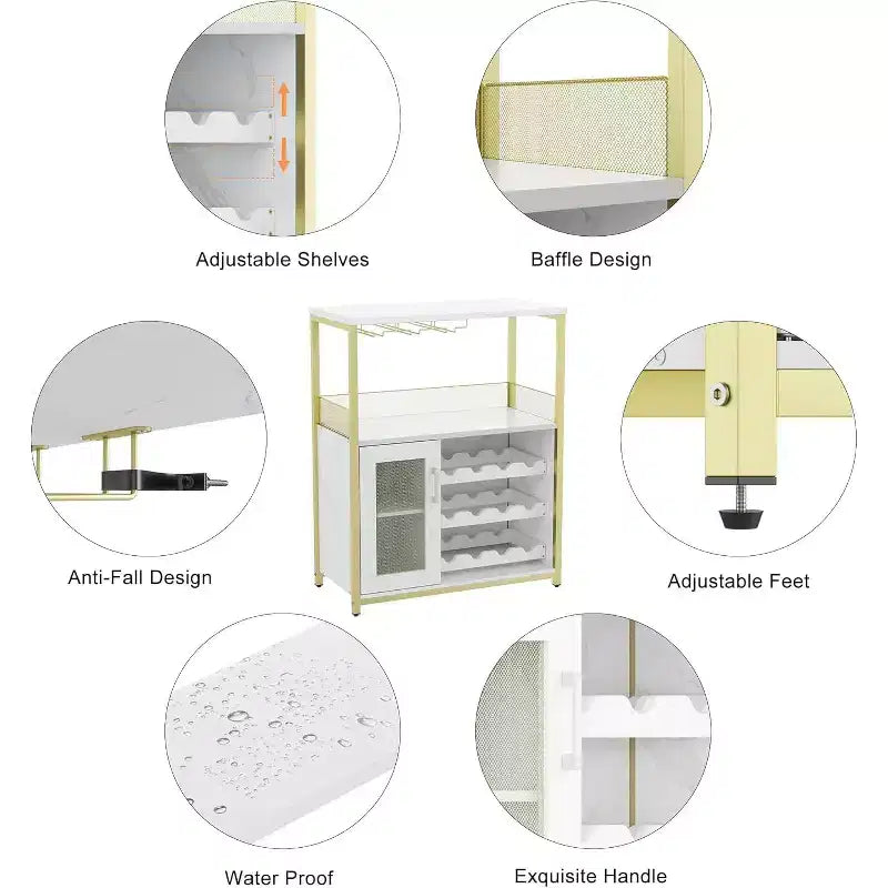 Meuble de Bar à Café et à Vins avec Porte-Bouteilles Amovible, Support à Verres, Tiroir et Porte en Maille, Buffet de Rangement pour Salle à Manger, Cuisine