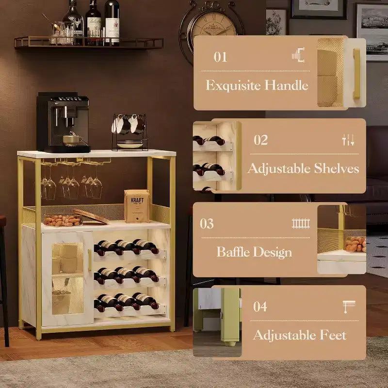 Meuble de Bar à Café et à Vins avec Porte-Bouteilles Amovible, Support à Verres, Tiroir et Porte en Maille, Buffet de Rangement pour Salle à Manger, Cuisine