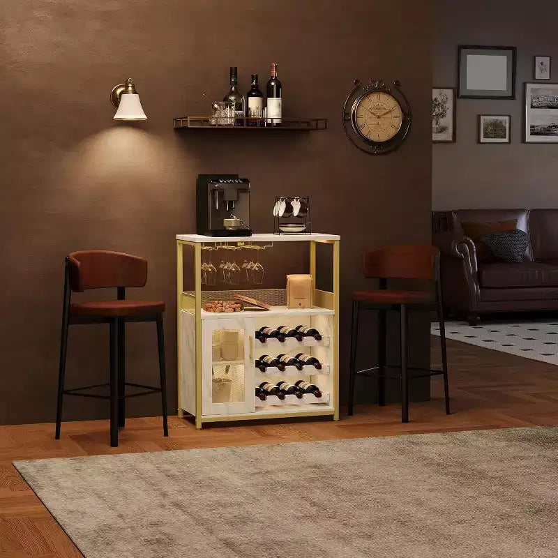 Meuble de Bar à Café et à Vins avec Porte-Bouteilles Amovible, Support à Verres, Tiroir et Porte en Maille, Buffet de Rangement pour Salle à Manger, Cuisine