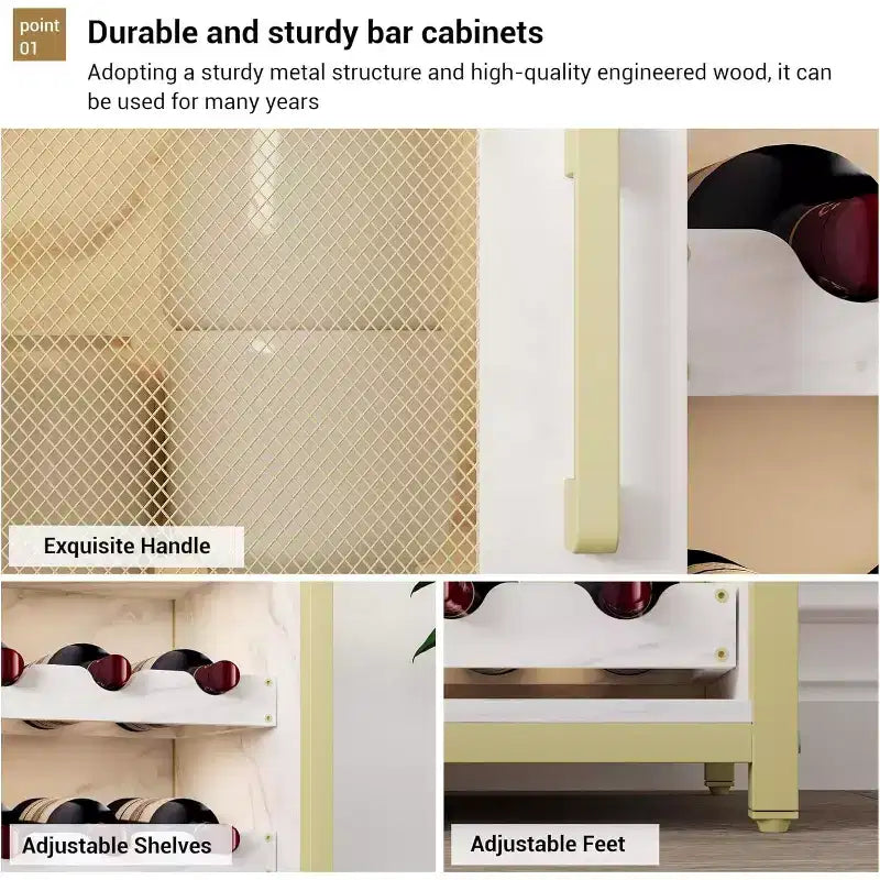 Meuble de Bar à Café et à Vins avec Porte-Bouteilles Amovible, Support à Verres, Tiroir et Porte en Maille, Buffet de Rangement pour Salle à Manger, Cuisine