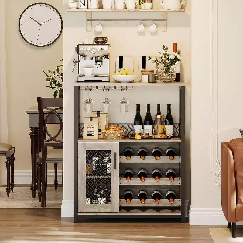 Meuble de Bar à Café et à Vins avec Porte-Bouteilles Amovible, Support à Verres, Tiroir et Porte en Maille, Buffet de Rangement pour Salle à Manger, Cuisine