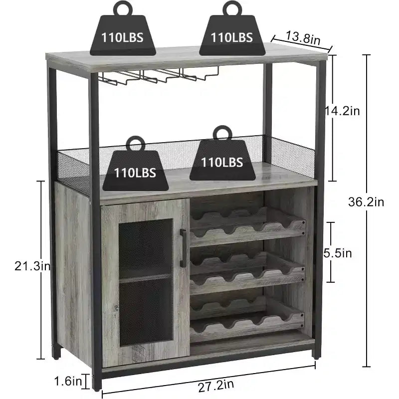 Meuble de Bar à Café et à Vins avec Porte-Bouteilles Amovible, Support à Verres, Tiroir et Porte en Maille, Buffet de Rangement pour Salle à Manger, Cuisine