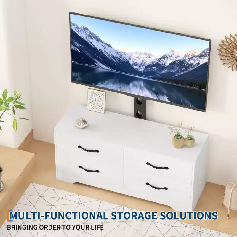 Meuble TV avec support pour téléviseurs de 32 à 75 pouces, console multimédia moderne avec 4 grands tiroirs, commode de centre de divertissement pour salon et chambre