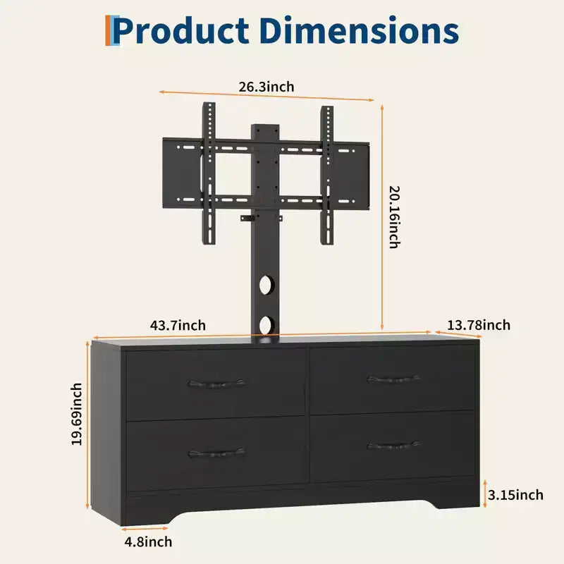 Meuble TV avec support pour téléviseurs de 32 à 75 pouces, console multimédia moderne avec 4 grands tiroirs, commode de centre de divertissement pour salon et chambre