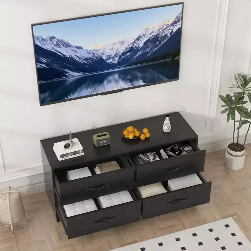 Meuble TV avec support pour téléviseurs de 32 à 75 pouces, console multimédia moderne avec 4 grands tiroirs, commode de centre de divertissement pour salon et chambre