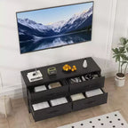 Meuble TV avec support pour téléviseurs de 32 à 75 pouces, console multimédia moderne avec 4 grands tiroirs, commode de centre de divertissement pour salon et chambre