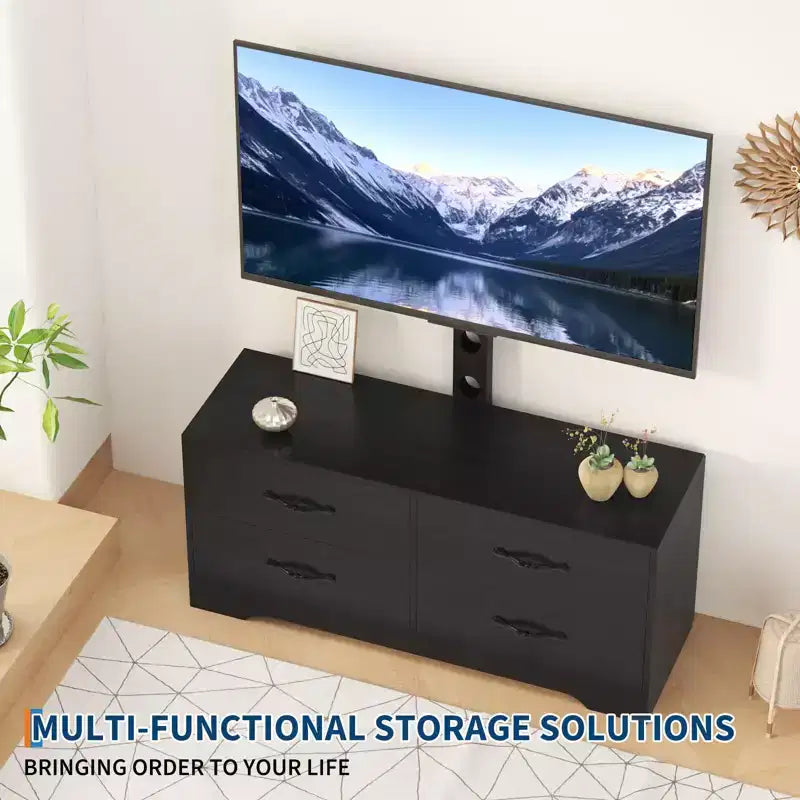Meuble TV avec support pour téléviseurs de 32 à 75 pouces, console multimédia moderne avec 4 grands tiroirs, commode de centre de divertissement pour salon et chambre