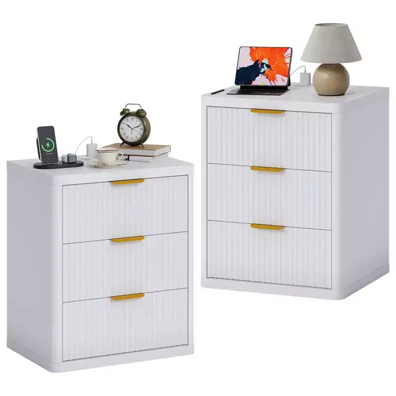 Set of 2 Fluted bedside tables  Modern Bedside Tables with 2 or 3 Drawers, Open Storage Cabinet, Metal Handles, Rounded Safety Corners