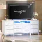 Commode noire de 160 cm de large avec 10 tiroirs en tissu, prise électrique intégrée, meuble de rangement moderne pour chambre et support TV pour vêtements et salon