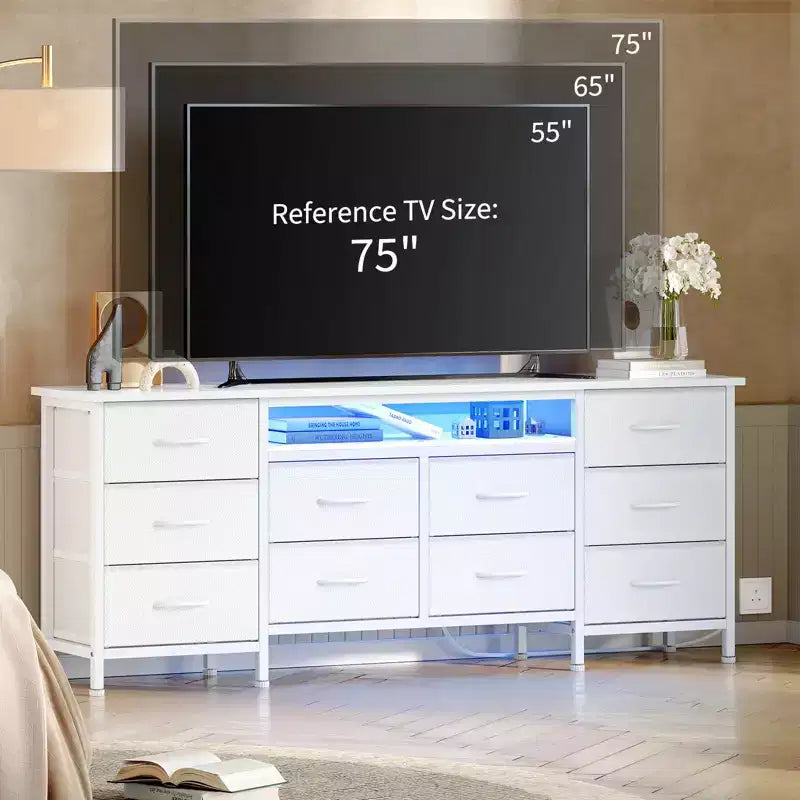Commode noire de 160 cm de large avec 10 tiroirs en tissu, prise électrique intégrée, meuble de rangement moderne pour chambre et support TV pour vêtements et salon