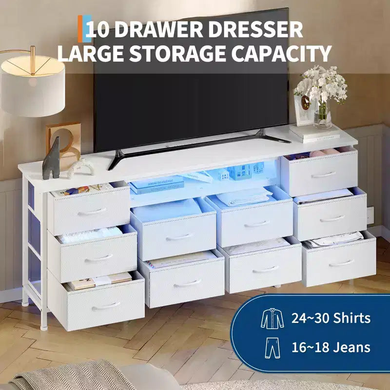 Commode noire de 160 cm de large avec 10 tiroirs en tissu, prise électrique intégrée, meuble de rangement moderne pour chambre et support TV pour vêtements et salon