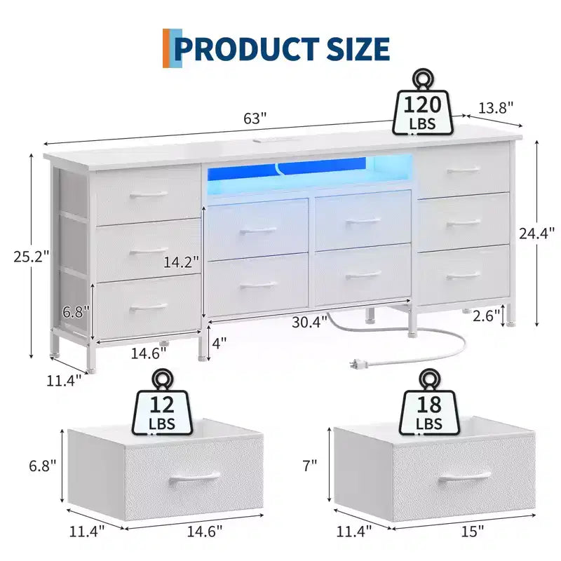 Commode noire de 160 cm de large avec 10 tiroirs en tissu, prise électrique intégrée, meuble de rangement moderne pour chambre et support TV pour vêtements et salon