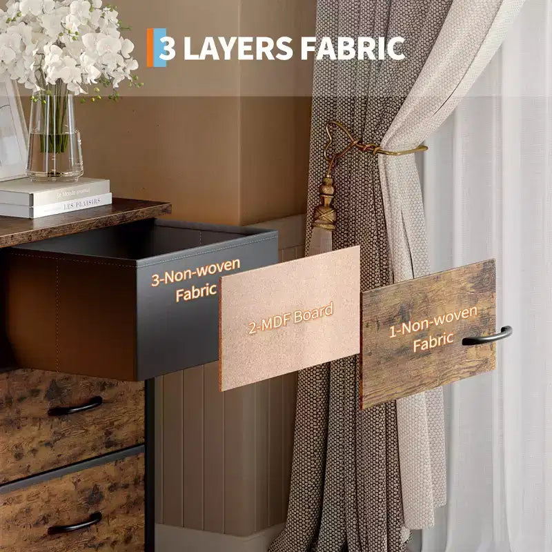 Commode noire de 160 cm de large avec 10 tiroirs en tissu, prise électrique intégrée, meuble de rangement moderne pour chambre et support TV pour vêtements et salon