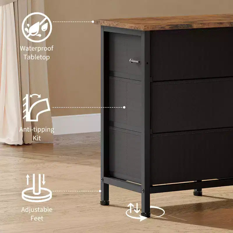 Commode noire de 160 cm de large avec 10 tiroirs en tissu, prise électrique intégrée, meuble de rangement moderne pour chambre et support TV pour vêtements et salon
