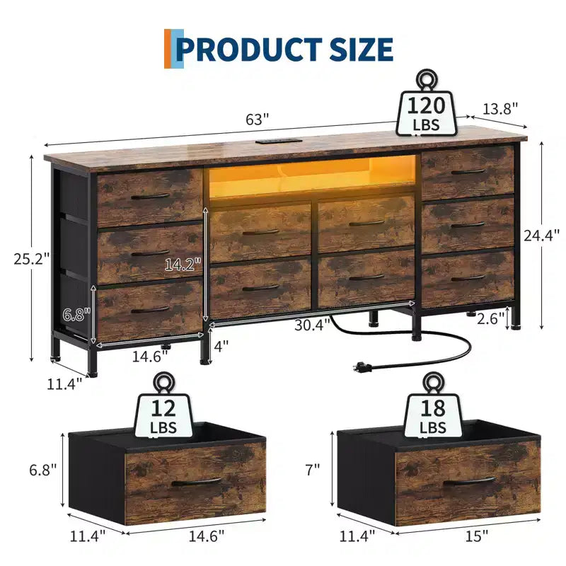Commode noire de 160 cm de large avec 10 tiroirs en tissu, prise électrique intégrée, meuble de rangement moderne pour chambre et support TV pour vêtements et salon