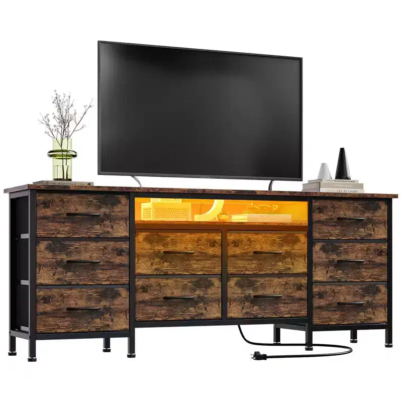 63 Wide Black Dresser with 10 Fabric Drawers, Built-in Power Outlet  Modern Bedroom Storage Chest & TV Stand for Clothes and Living Room