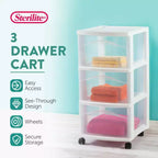 Chariot de rangement Sterilite à 3 tiroirs, Organisateur roulant moyen en plastique, Blanc, Lot de 2