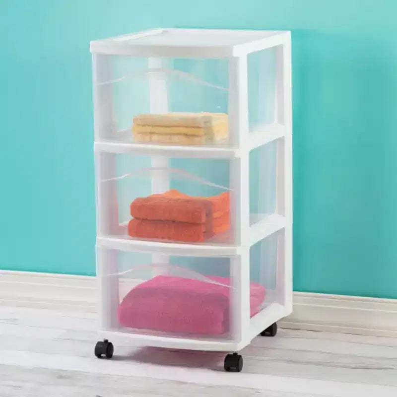 Chariot de rangement Sterilite à 3 tiroirs, Organisateur roulant moyen en plastique, Blanc, Lot de 2