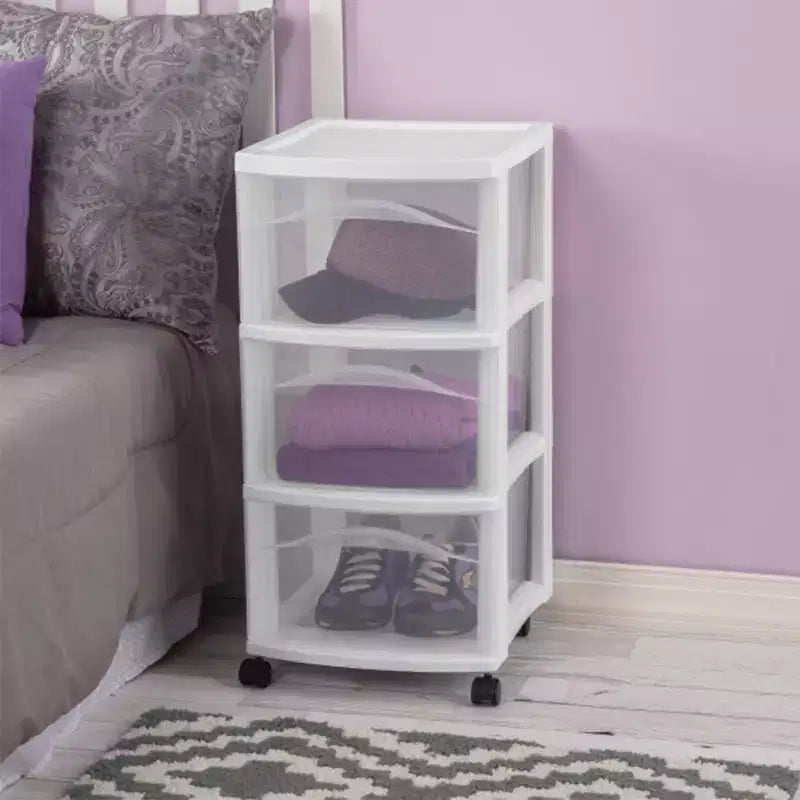 Chariot de rangement Sterilite à 3 tiroirs, Organisateur roulant moyen en plastique, Blanc, Lot de 2