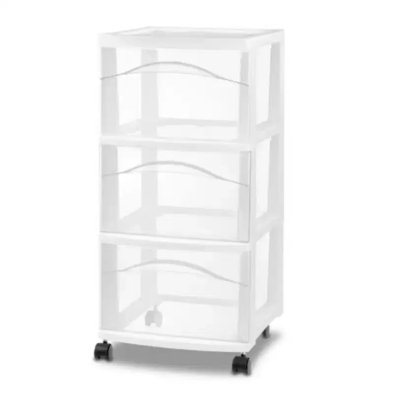 Chariot de rangement Sterilite à 3 tiroirs, Organisateur roulant moyen en plastique, Blanc, Lot de 2