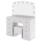 Coiffeuse Classique Whisen, Coiffeuse de Maquillage avec Miroir, Tabouret Rembourré et 9 Tiroirs de Rangement - Blanc