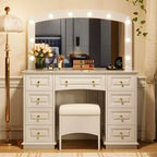 Coiffeuse Classique Whisen, Coiffeuse de Maquillage avec Miroir, Tabouret Rembourré et 9 Tiroirs de Rangement - Blanc