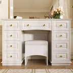Coiffeuse Classique Whisen, Coiffeuse de Maquillage avec Miroir, Tabouret Rembourré et 9 Tiroirs de Rangement - Blanc