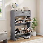 Meuble de rangement pour chaussures avec 2 tiroirs basculants, étagère à chaussures autoportante avec étagère réglable, organiseur de chaussures en bois dissimulé pour entrée, salon