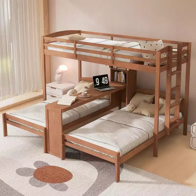 Lit superposé Whisen double/double et double avec bureau intégré et étagères de rangement, lampe de lecture, conception 3 lits en 1