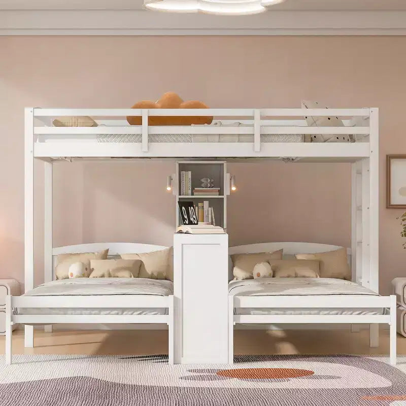 Lit superposé Whisen double/double et double avec bureau intégré et étagères de rangement, lampe de lecture, conception 3 lits en 1