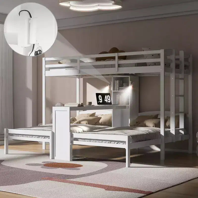 Lit superposé Whisen double/double et double avec bureau intégré et étagères de rangement, lampe de lecture, conception 3 lits en 1