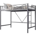 Cadre de lit mezzanine métallique double, lit surélevé en acier robuste avec barrières de sécurité, design peu encombrant pour chambre d'enfant, dortoir ou salle de classe