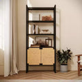 Storage Bookshelf with Rattan Cabinet Door, Dual-Function Open Display Shelf with Closed Cabinet