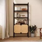 Storage Bookshelf with Rattan Cabinet Door, Dual-Function Open Display Shelf with Closed Cabinet