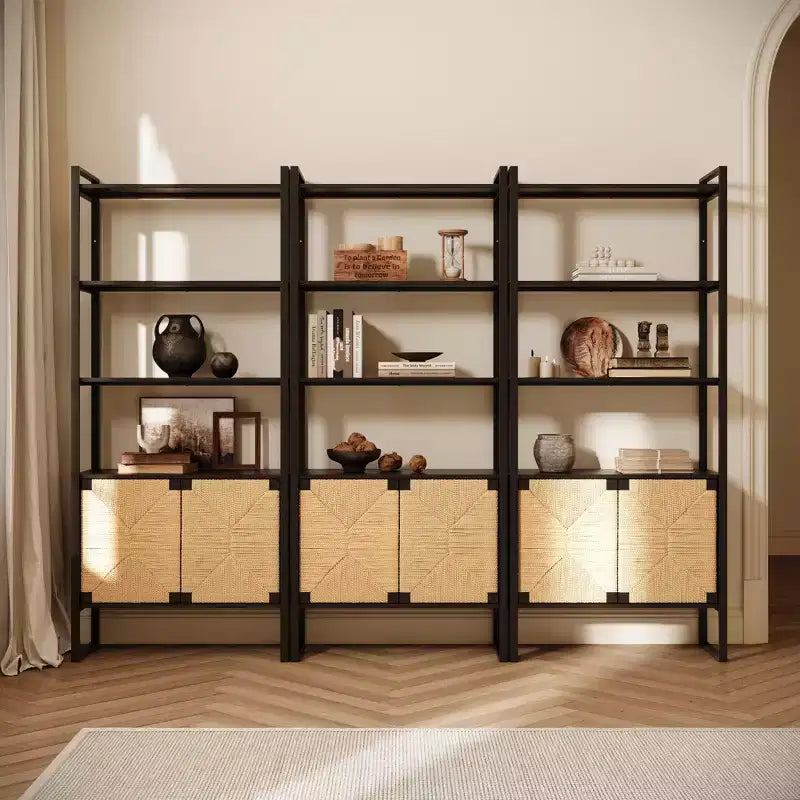 Bibliothèque de rangement avec porte d'armoire en rotin, étagère ouverte à double fonction avec armoire fermée
