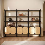 Bibliothèque de rangement avec porte d'armoire en rotin, étagère ouverte à double fonction avec armoire fermée